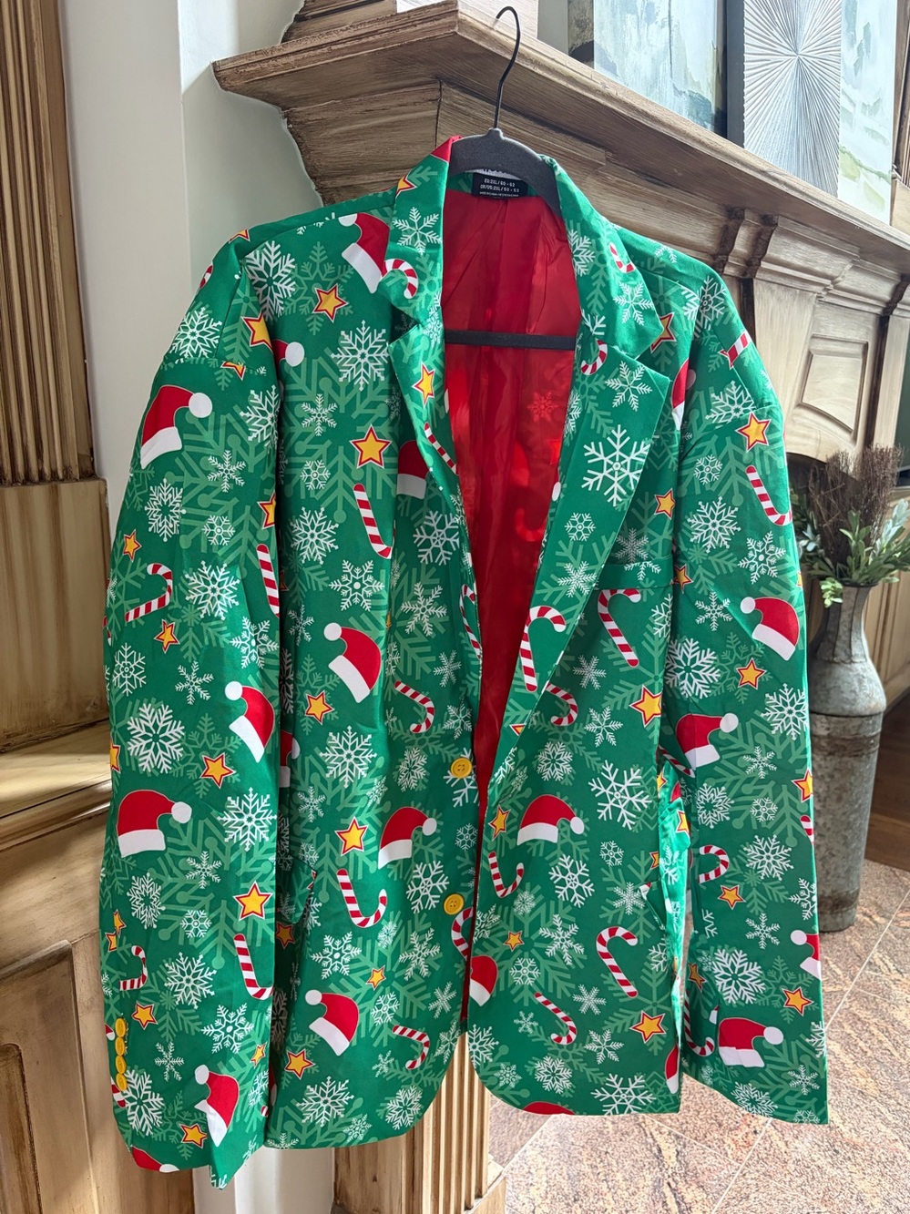 Festive Green Christmas Blazer with Candy Cane & Santa Hat Print 
Size: 2XL